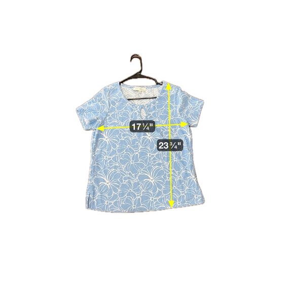 Emily Daniels Blue Floral Textured Short Sleeve Top Sz PM - Picture 7 of 10